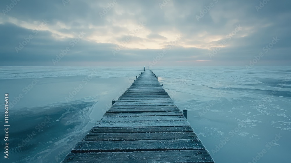 Obraz premium Serene Wooden Pier Stretching Over a Frozen Northern Lake at Dawn with Soft Clouded Sky and Tranquil Water in the Background
