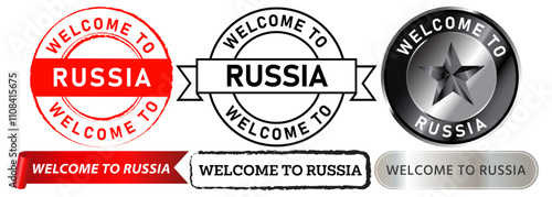 Welcome to Russia country tourist destination place Europe tourist greeting stamp red black badges emblem sticker label banner button ribbon design icon set collection