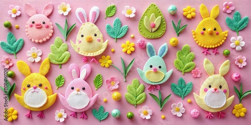 A vibrant Easter display featuring felt bunnies and chicks, crafted with intricate details and surrounded by delicate flower accents.