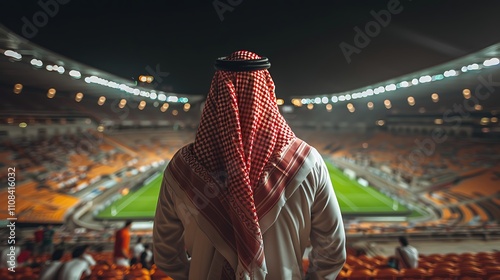 Back view of an Arabic man wearing a red Saudi bisht and white shirt, standing in a football stadium at night in Saudi Arabia.