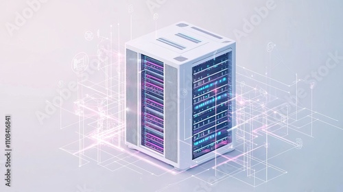 White and blue abstract network on server room data center 3D rendering, connection network data center room storage systems.

