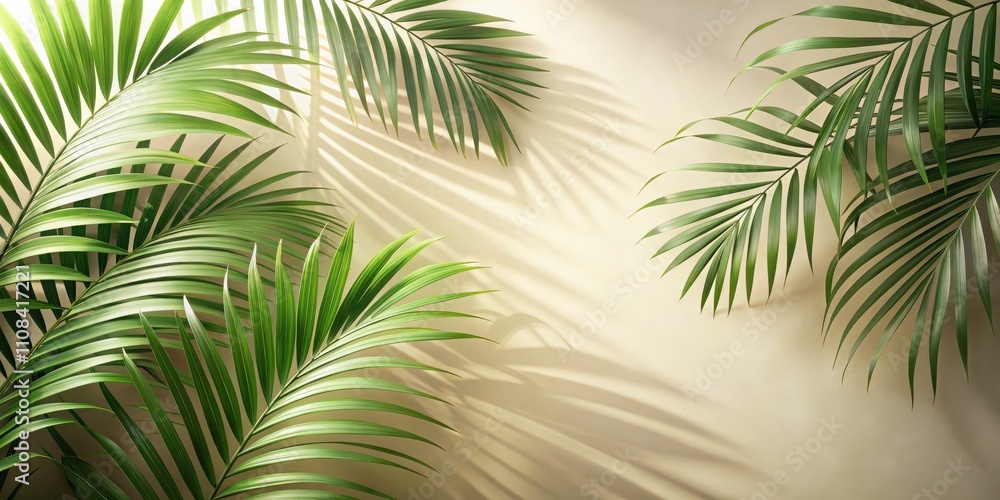 Tropical Palm Leaves Casting Shadows on a Light Beige Background Tropical Palm Leaves Casting Shadows on a Light Beige Background