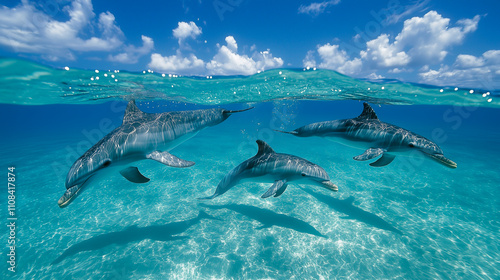 Fototapeta Naklejka Na Ścianę i Meble -  Bahamas, Tiger Beach, Pod of dolphins swimming above ocean floor 