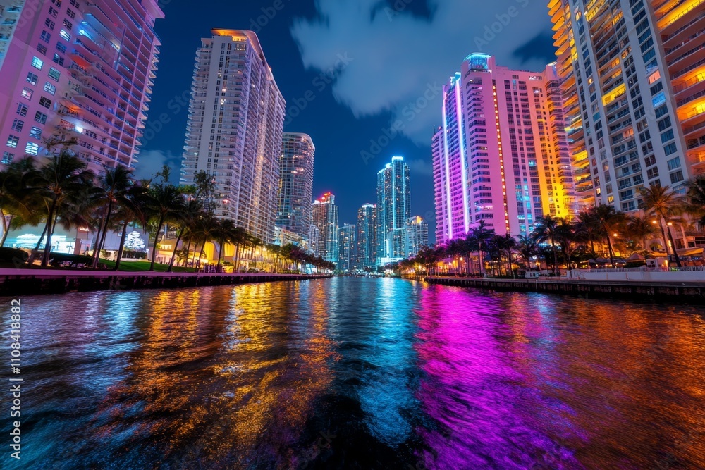 Obraz premium A nighttime cityscape with reflections of buildings shimmering on a river, and colorful lights illuminating the scene