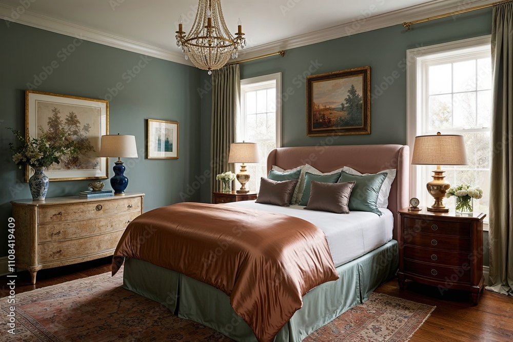 Fototapeta premium Stylish Bedroom Decor Ideas with Silk Bedding Trendy Lighting and Calming Color Palettes for a Cozy Sanctuary