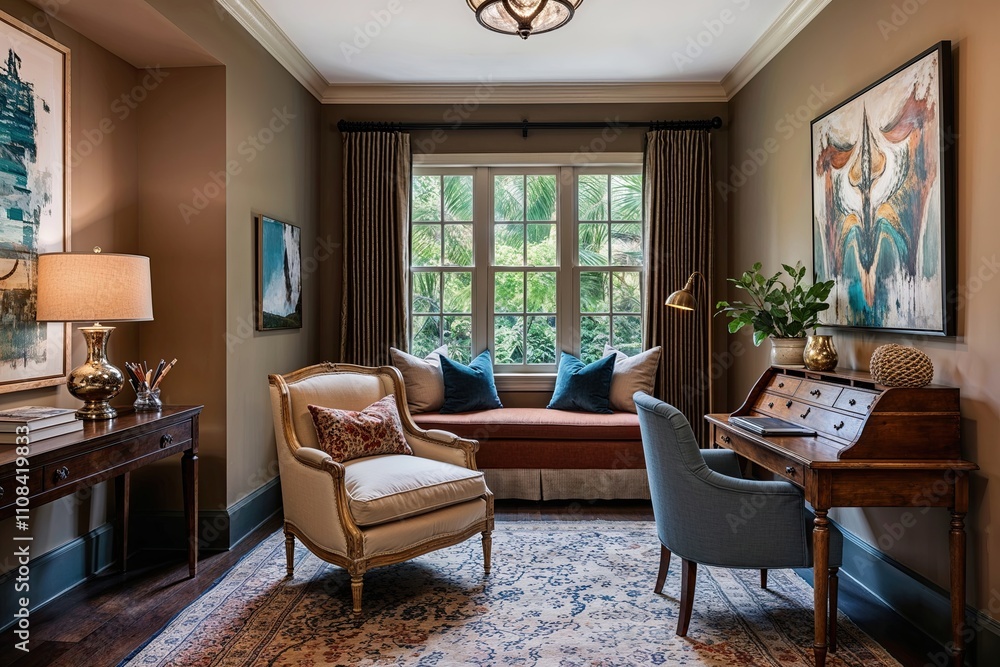 Fototapeta premium Charming Vintage Lounge Space Featuring Cozy Armchair Writing Desk and Artistic Decorative Elements