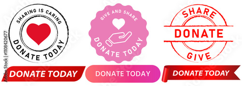 Donate today charity donation sharing caring giving now day stamp colorful badges sticker label banner seal emblem button ribbon grunge texture design icon set collection