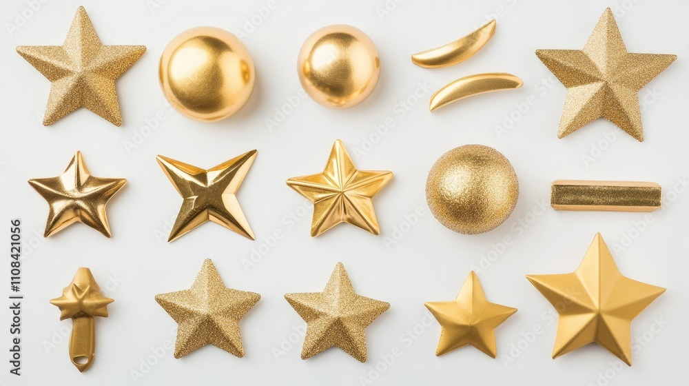 Obraz premium A collection of various golden decorative shapes and stars on a white background.