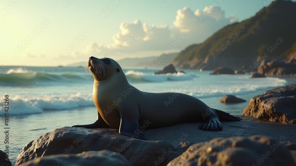 Naklejka premium A sea lion resting on rocks, basking in the sun, with crashing waves in the background creating a peaceful scene.
