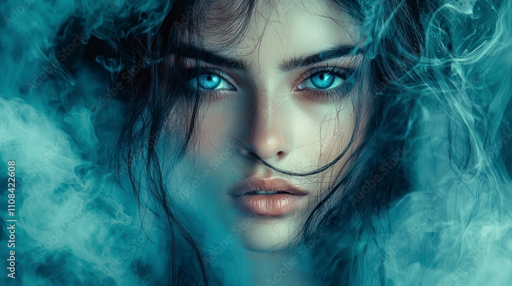 Fantasy portrait of a beautiful woman with blue eyes and smoke in her hair