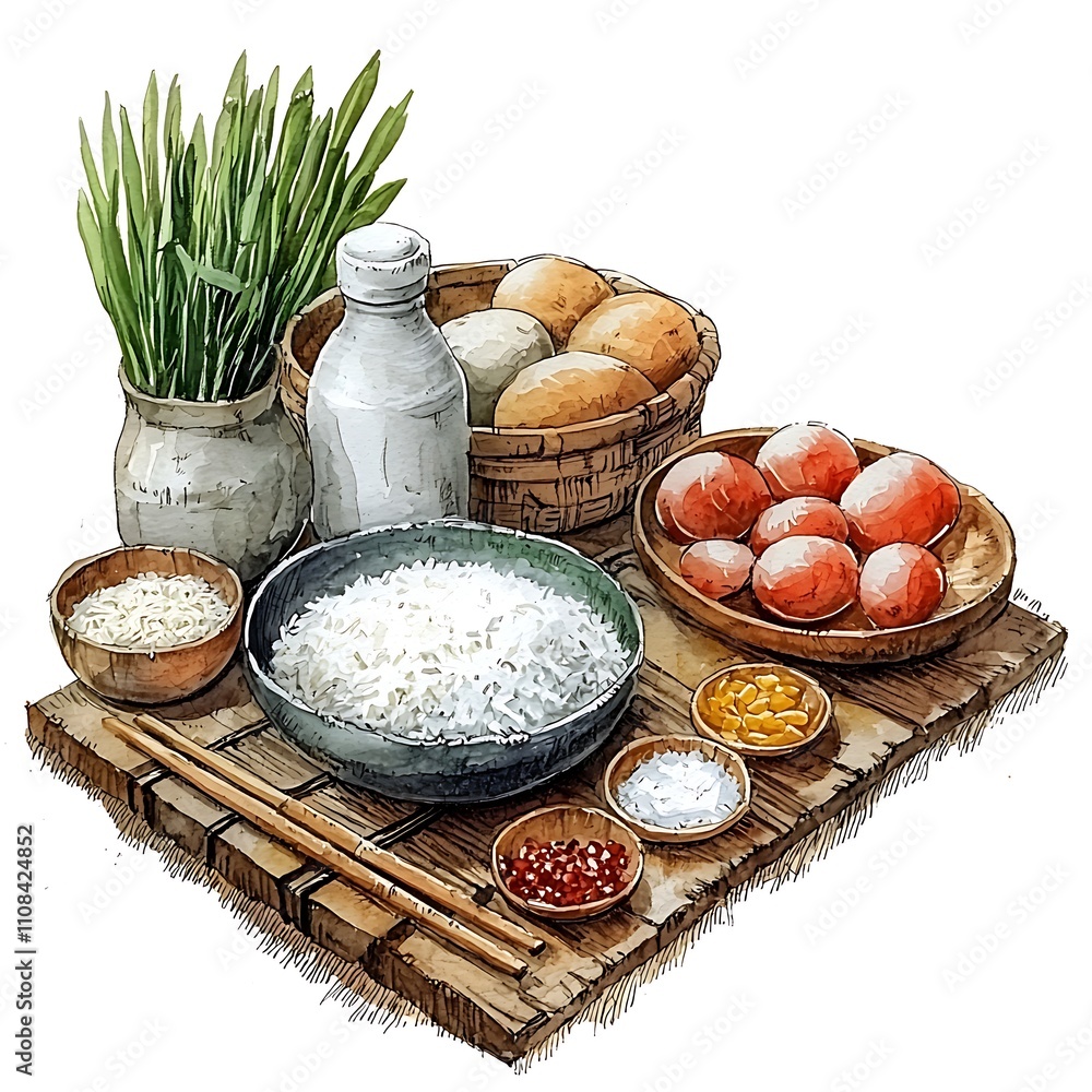 Fototapeta premium Watercolor illustration of Asian cuisine ingredients rice, eggs, spices, milk, and chives, arranged on a wooden board with chopsticks.
