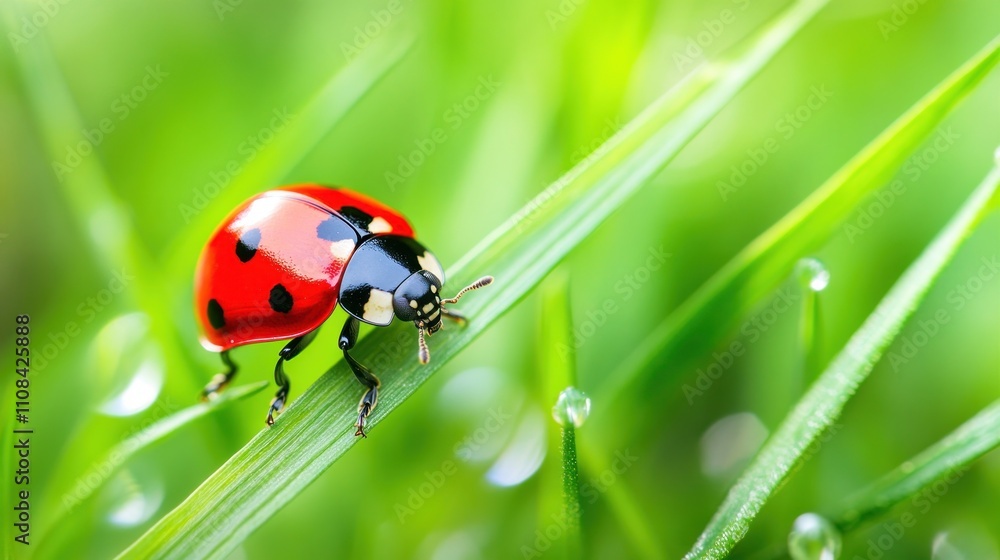 Fototapeta premium Close-up image of ladybugs on dewy green grass, bright red illuminated by the sun.