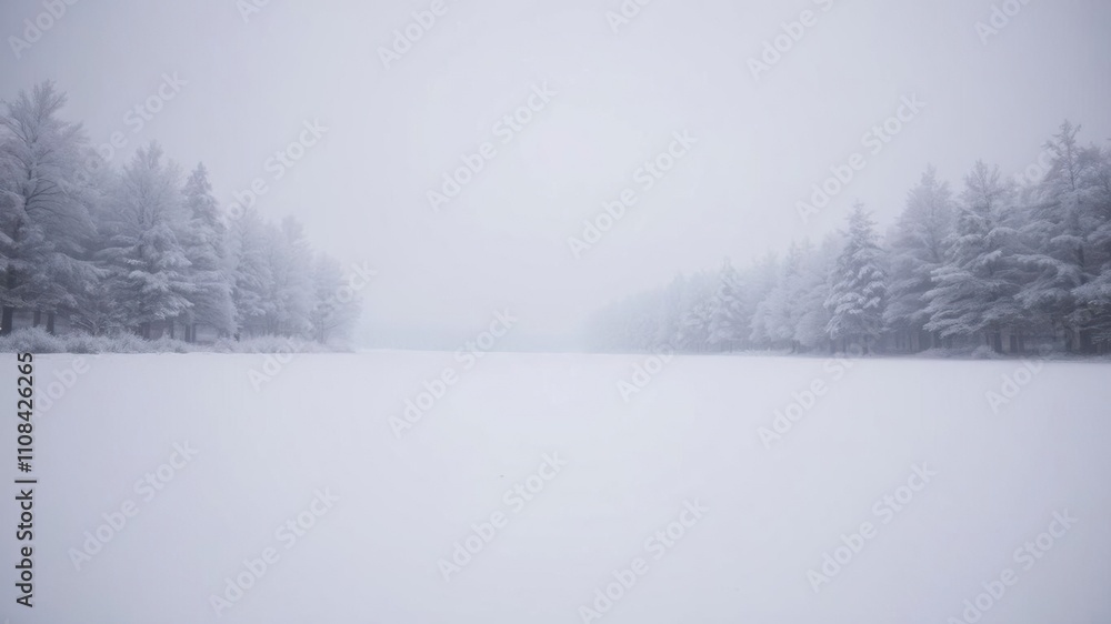 Fototapeta premium Vast empty snowy landscape with frosty trees, winter scenery, panoramic