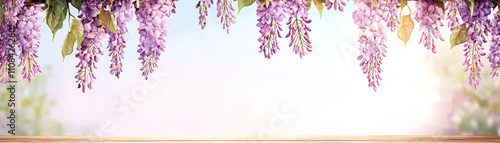 Beautiful wisteria blossoms hanging softly in warm sunlight create serene atmosphere, perfect for adding touch of nature elegance to any setting