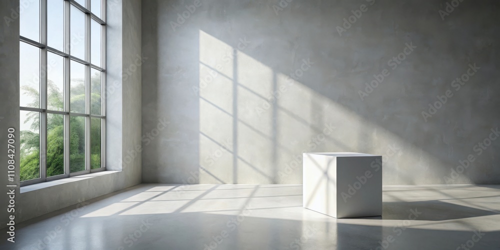 Obraz premium A Minimalist Concrete Room with a Large Window and a White Cube Platform in the Center
