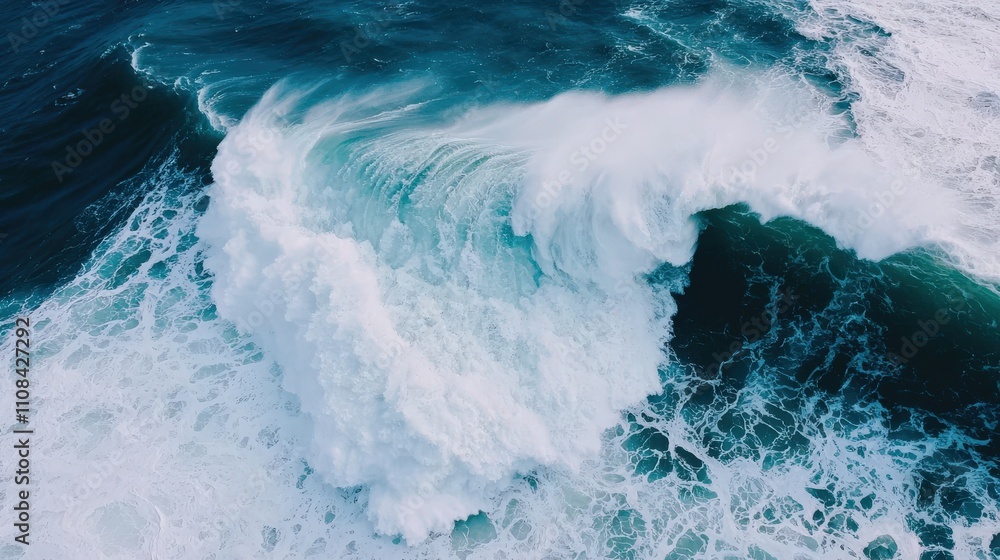 Fototapeta premium Aerial view of powerful ocean waves crashing, showcasing vibrant blues and whites, illustrating the dynamic beauty of nature.