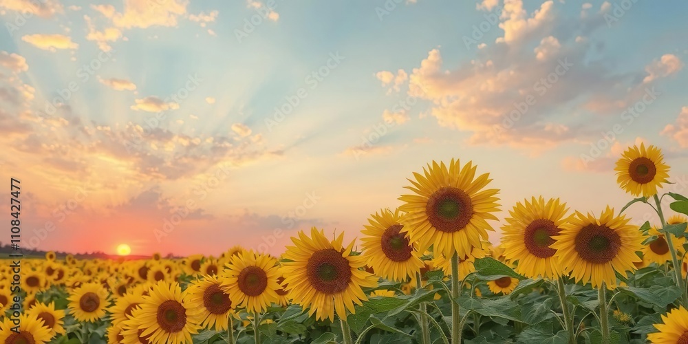 Fototapeta premium Vibrant sunflower field at sunset with colorful sky, beauty, colorful, vibrant