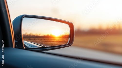 A car's side mirror reflects a vibrant sunset, capturing a moment of tranquility on an open road.