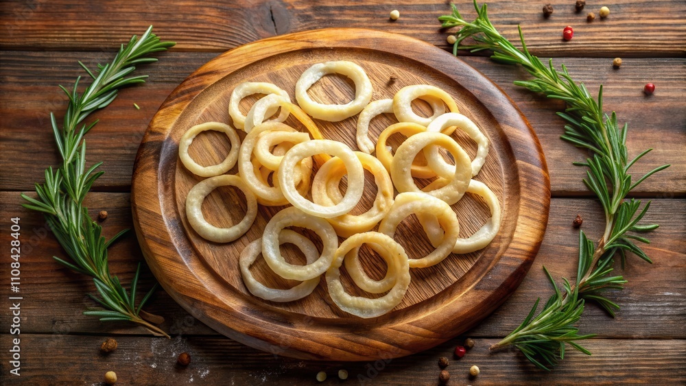Fototapeta premium A rustic wooden board adorned with crispy, golden-brown onion rings, surrounded by fresh sprigs of rosemary and peppercorns for a flavorful culinary delight.