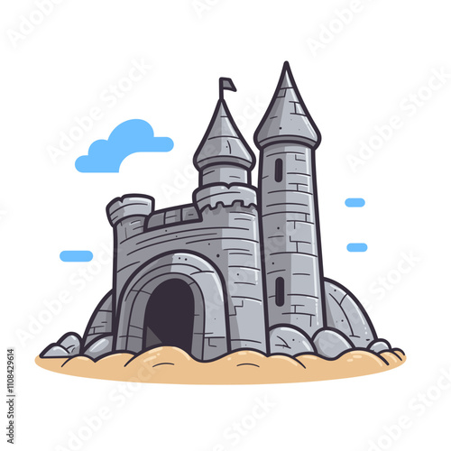 Castle illustration with towers on sandy ground