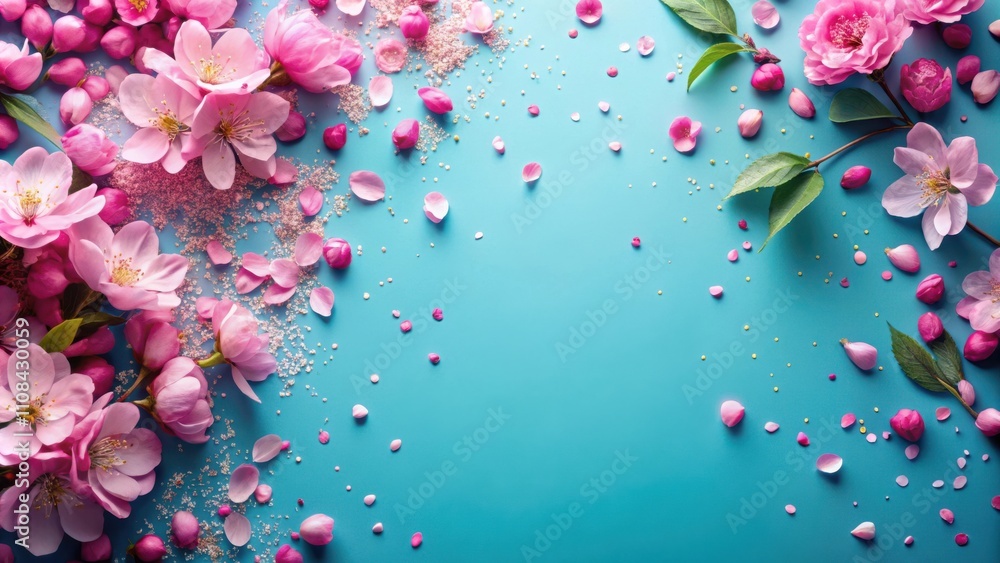 Fototapeta premium Delicate pink blossoms scattered on a vibrant blue background, creating a whimsical and elegant spring floral design.