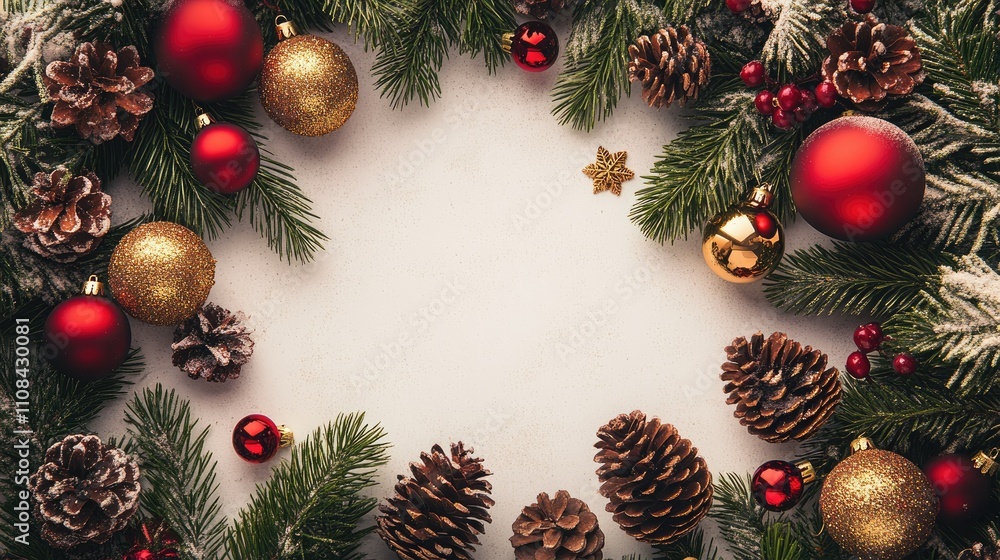 A festive wreath adorned with ornaments, pinecones, and greenery, perfect for holiday decor. A festive wreath adorned with ornaments, pinecones, and greenery, perfect for holiday decor.