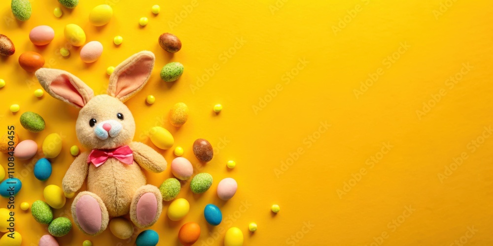 Fototapeta premium A plush bunny with a pink bow surrounded by colorful Easter eggs on a vibrant yellow background.