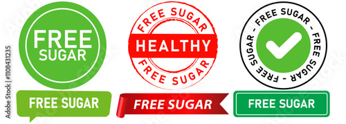 Free sugar diet diabetic no sweet healthy lifestyle natural sweetener food drink stamp colorful badges logo banner label emblem sticker ribbon design icon set collection