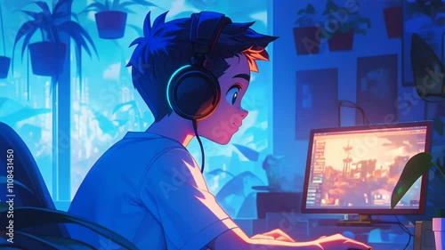 Young Gamer Engrossed in Video Game with Vibrant Lighting, Anime Style
