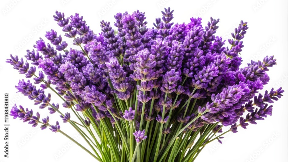 Obraz premium A vibrant bouquet of lavender blossoms, showcasing delicate purple flowers and slender green stems against a crisp white background.