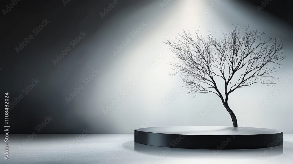 Obraz premium Stark bare tree silhouette in black, modern podium with reflective surface, dramatic and moody atmosphere