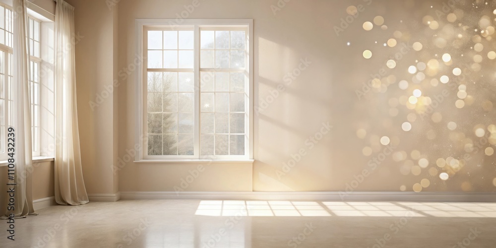 Fototapeta premium Empty room with a large window letting in sunlight and casting shadows on the beige floor