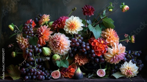 Variegated bouquet of autumn flowers. Dahlias. Dark background. Still life with flowers and grapes and fresh figs.