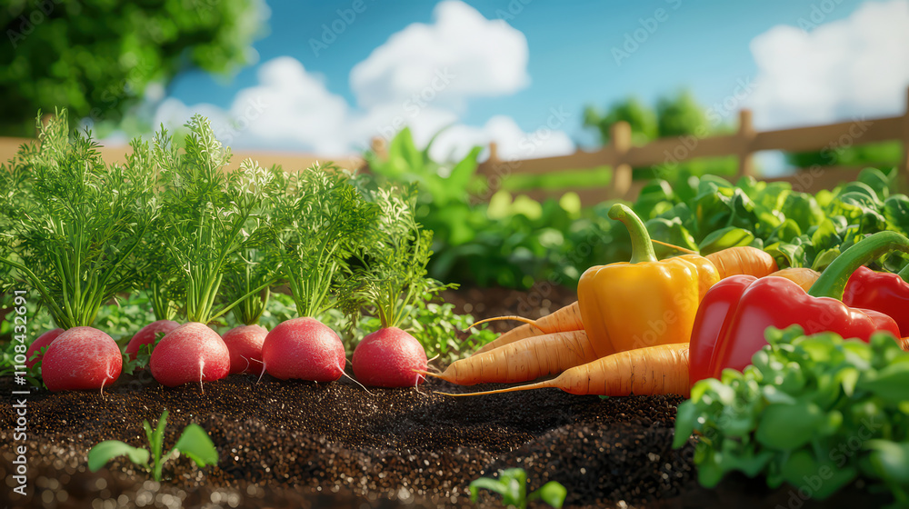 Vibrant garden scene with fresh vegetables like carrots, radishes, and ...