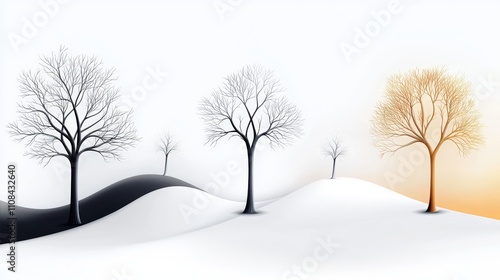 Varied bare tree silhouettes in modern layouts, abstract backgrounds highlight elegance