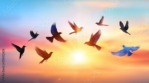 A collection of bird silhouette vectors in various sizes, creating a dynamic visual on a gradient sky. photo