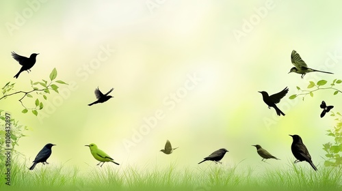 A collection of bird silhouettes forming a natural border on a soft green background.
