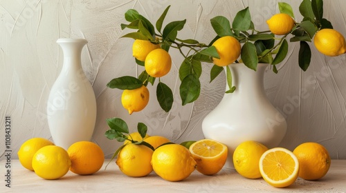 Various fresh ripe lemon fruits arranged arround a white vase with yellow dry Dwarf everlast photo