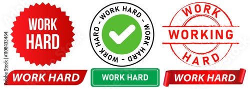 Work hard working job task responsibility employee occupation ambitious stamp colorful badges emblem sticker label banner ribbon button design icon set collection