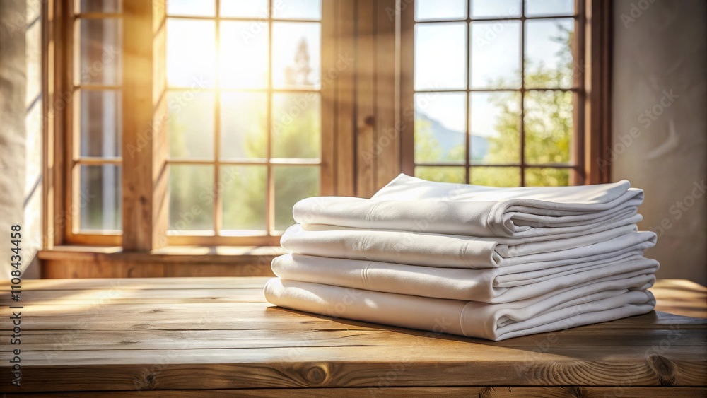 Fototapeta premium Stack of fresh white linens on a wooden table bathed in warm sunlight streaming through a window