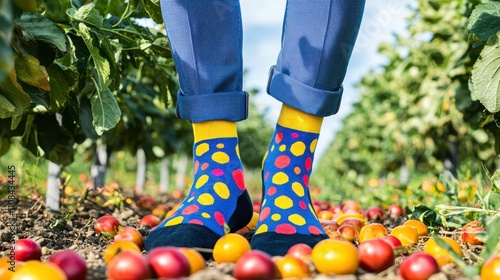 Harvesting fresh produce in bright socks tomato field lifestyle shot sunny day ground level fun vibes photo