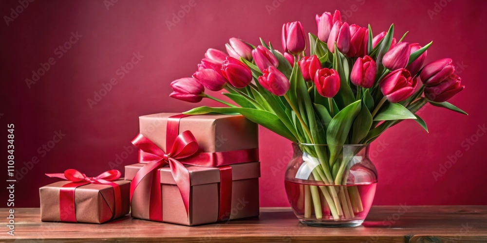 Fototapeta premium A bouquet of vibrant crimson tulips in a clear glass vase, gracefully arranged next to a stack of wrapped gifts, adorned with elegant red bows, against a deep red backdrop.