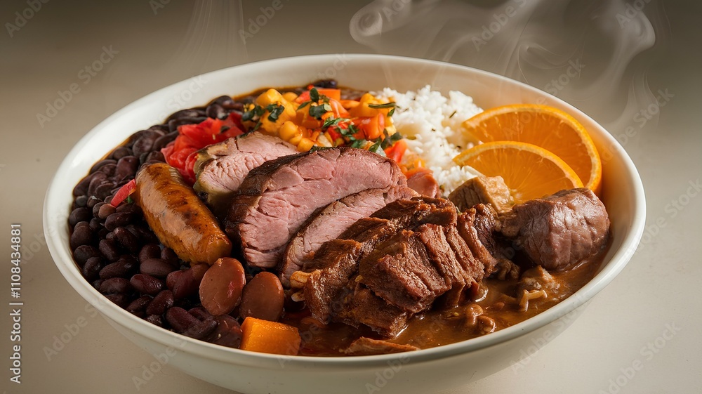 Close-up of Brazilian Feijoada with Beans and Orange Slices Close-up of Brazilian Feijoada with Beans and Orange Slices