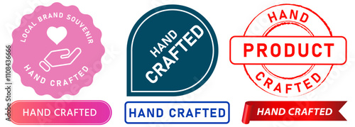 Hand-crafted product handmade craftsman packaging manually stamp colorful badges emblem sticker label banner ribbon heart love hand sign logo design icon set collection