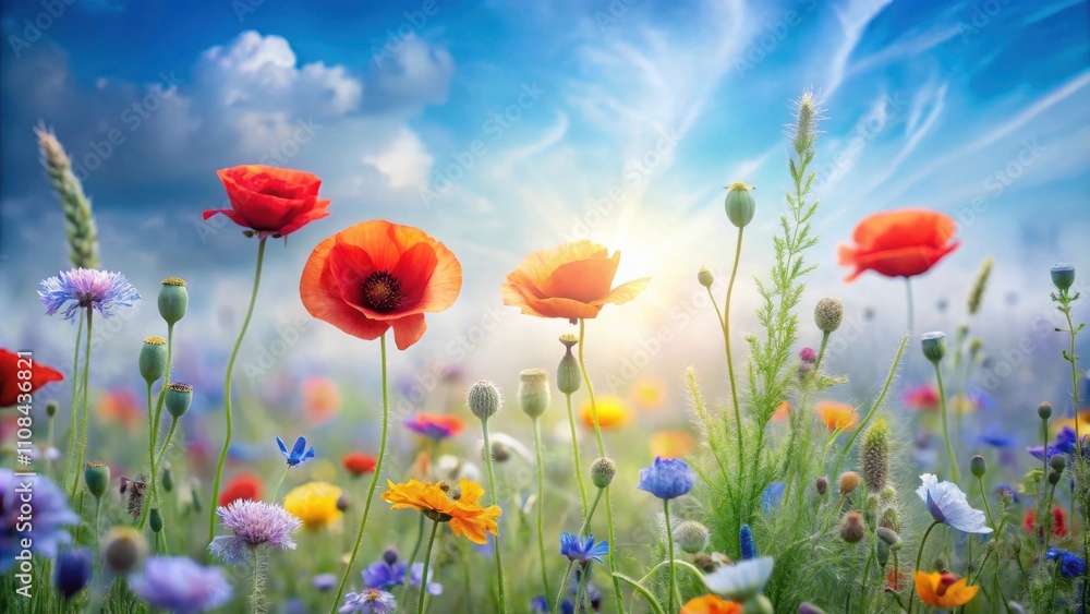 Naklejka premium A vibrant field of wildflowers bathed in the golden glow of the setting sun, with red poppies standing tall amidst a symphony of colors and textures.