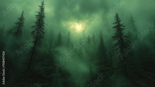 Misty landscape with fir forest under moody green sky, creating eerie atmosphere. dense fog envelops trees, enhancing mysterious vibe of scene