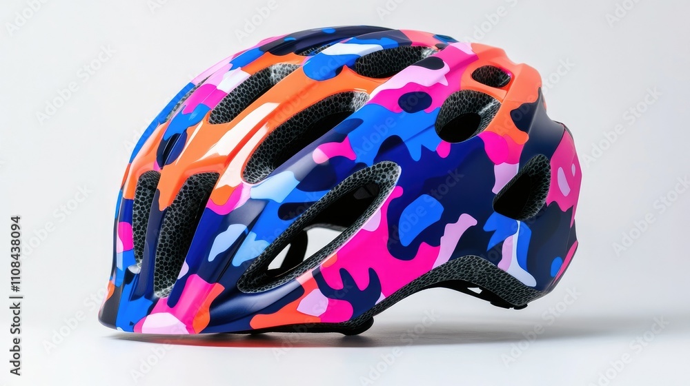 A colorful bicycle helmet featuring a vibrant camouflage pattern for safety and style. A colorful bicycle helmet featuring a vibrant camouflage pattern for safety and style.