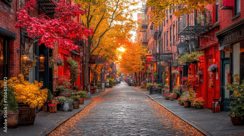 Fototapeta premium picturesque street in Manhattan SoHo, adorned with vibrant autumn foliage and charming buildings, captures essence of serene sunset