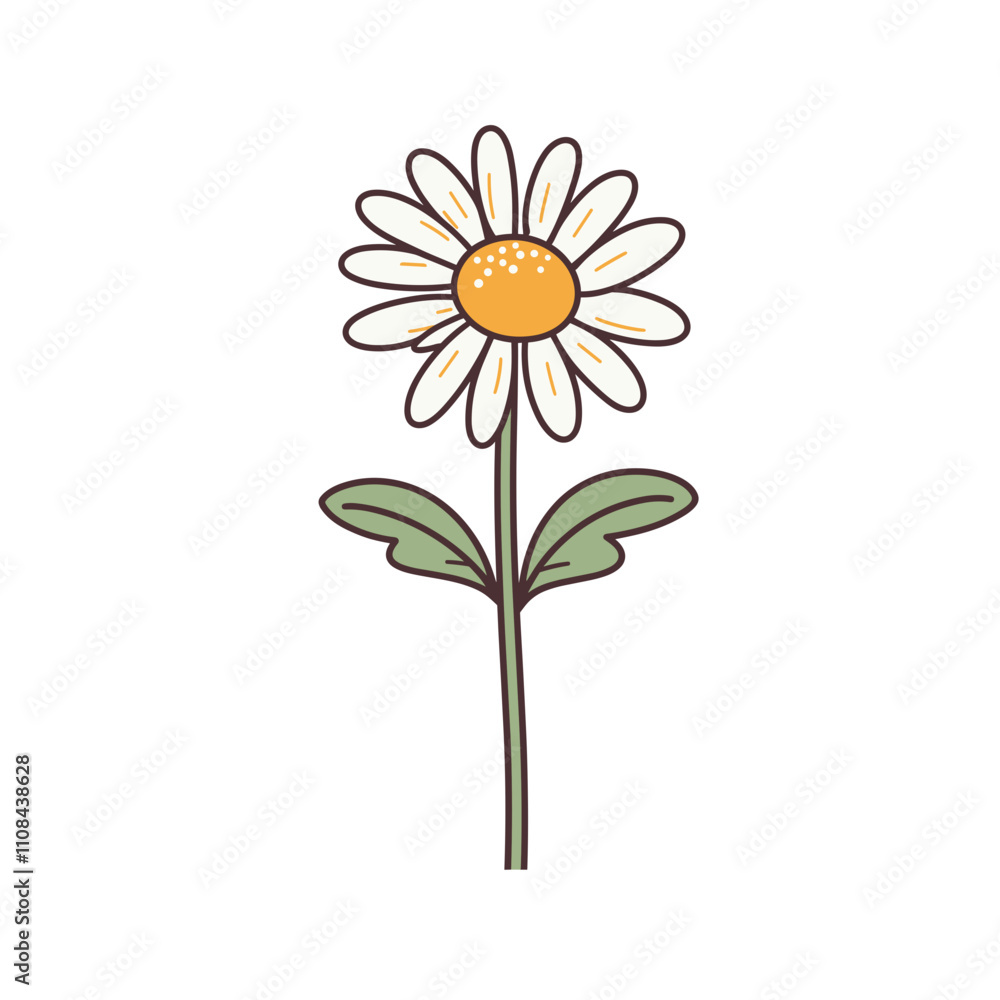 Fototapeta premium Bright daisy with yellow center and green leaves