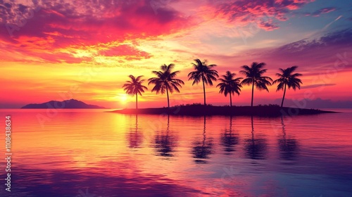 Serene Tropical Island Sunset with Vibrant Colors and Reflections